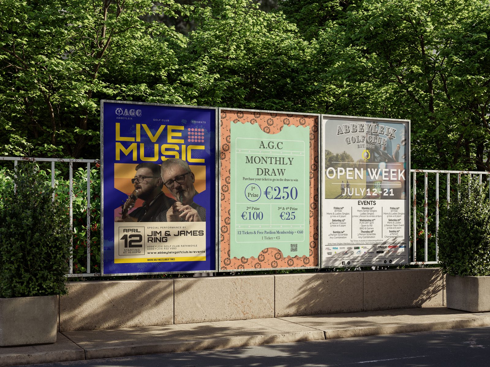 Poster series for Abbeyleix Golf Club displayed on a fence