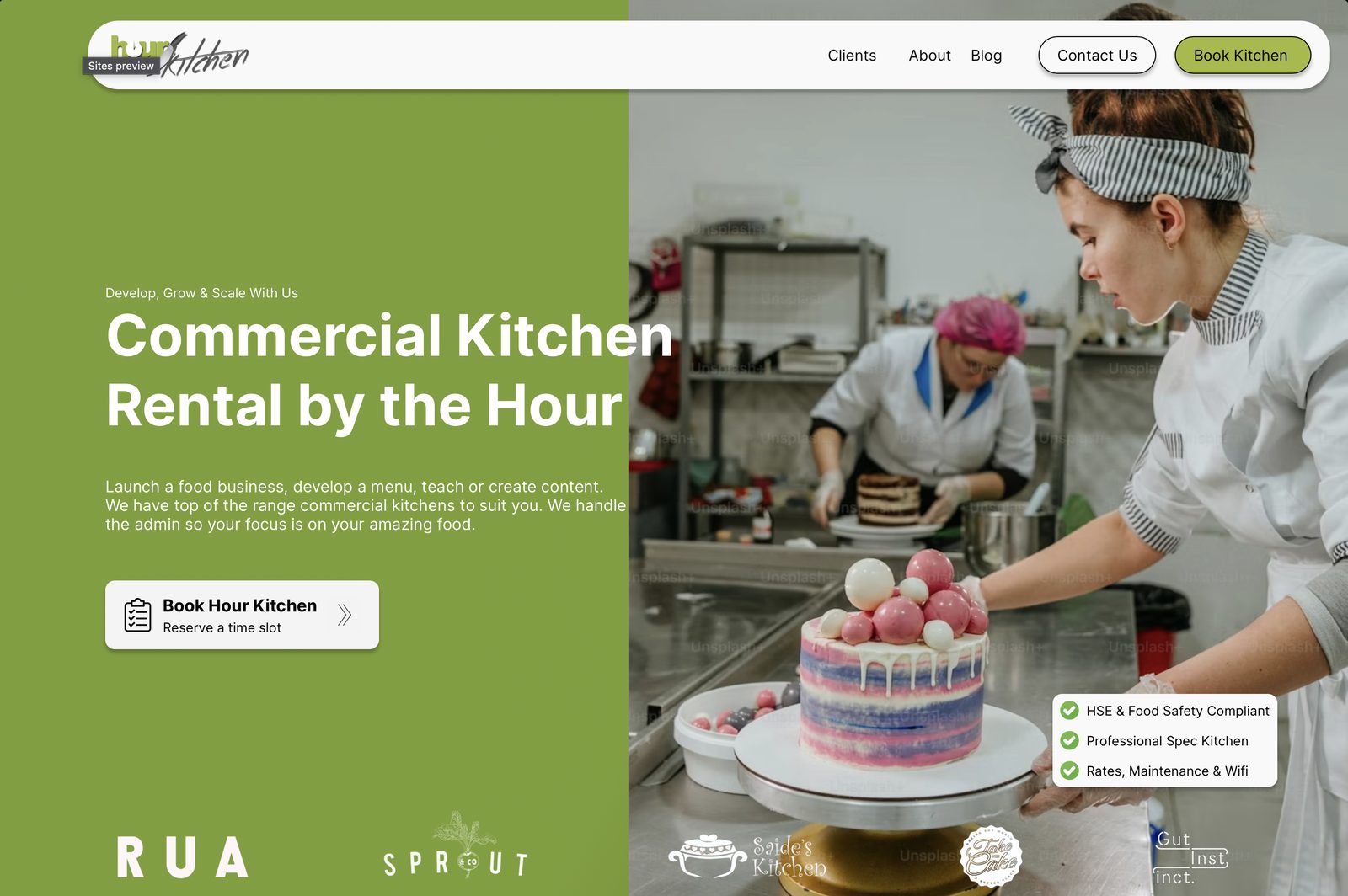 Hour Kitchen website — commercial kitchen rental by the hour