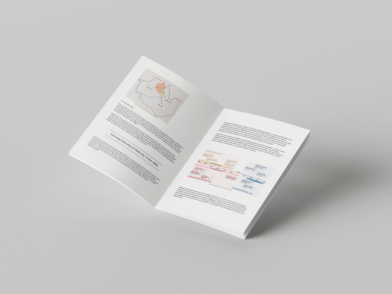Report layout design — open spread with maps and timelines