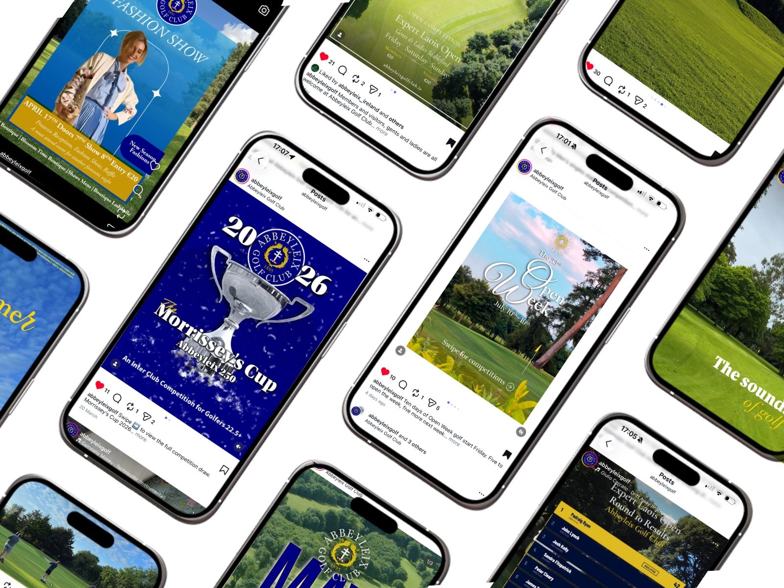 Abbeyleix Golf Club social media content shown across phones