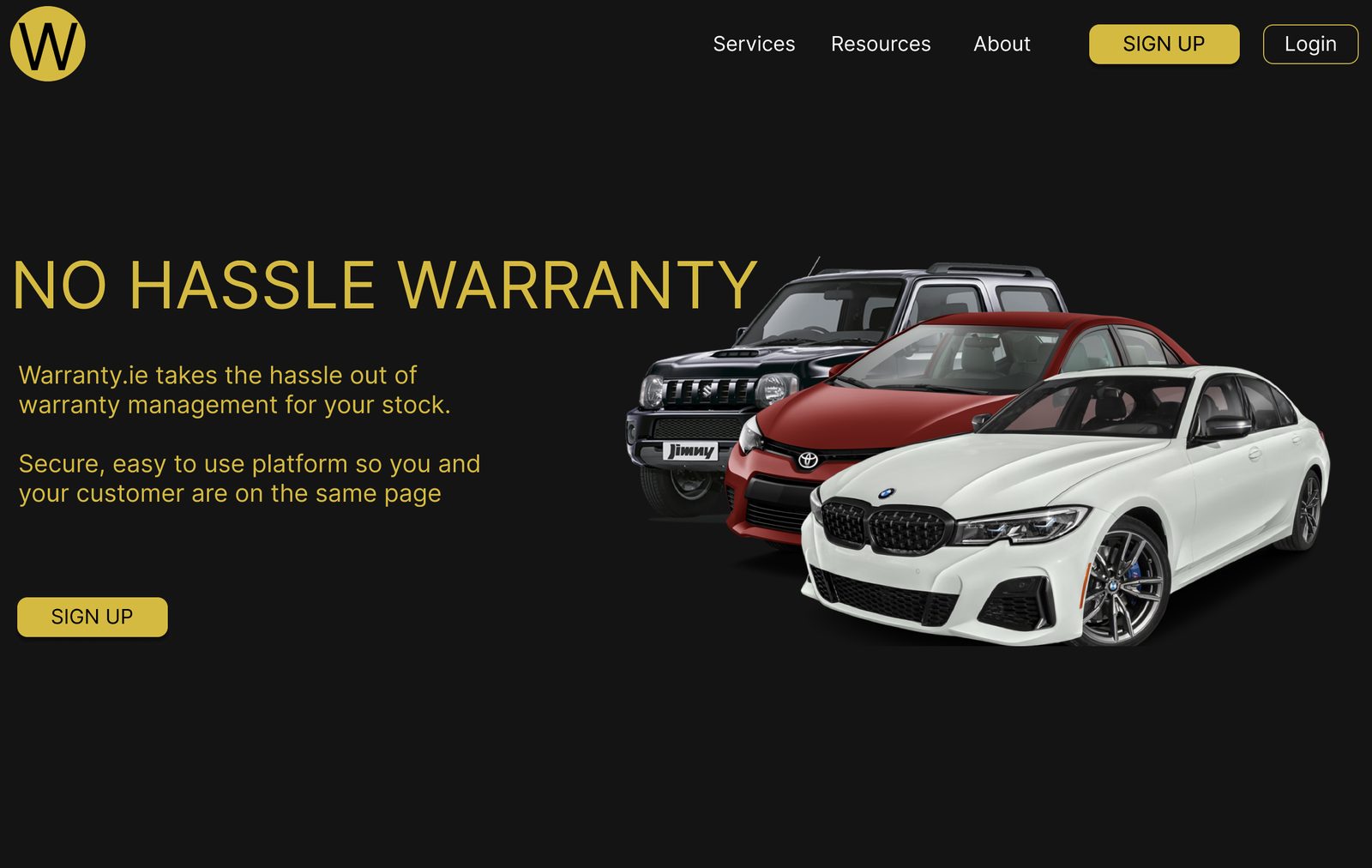 Warranty.ie website concept — dark landing page with cars